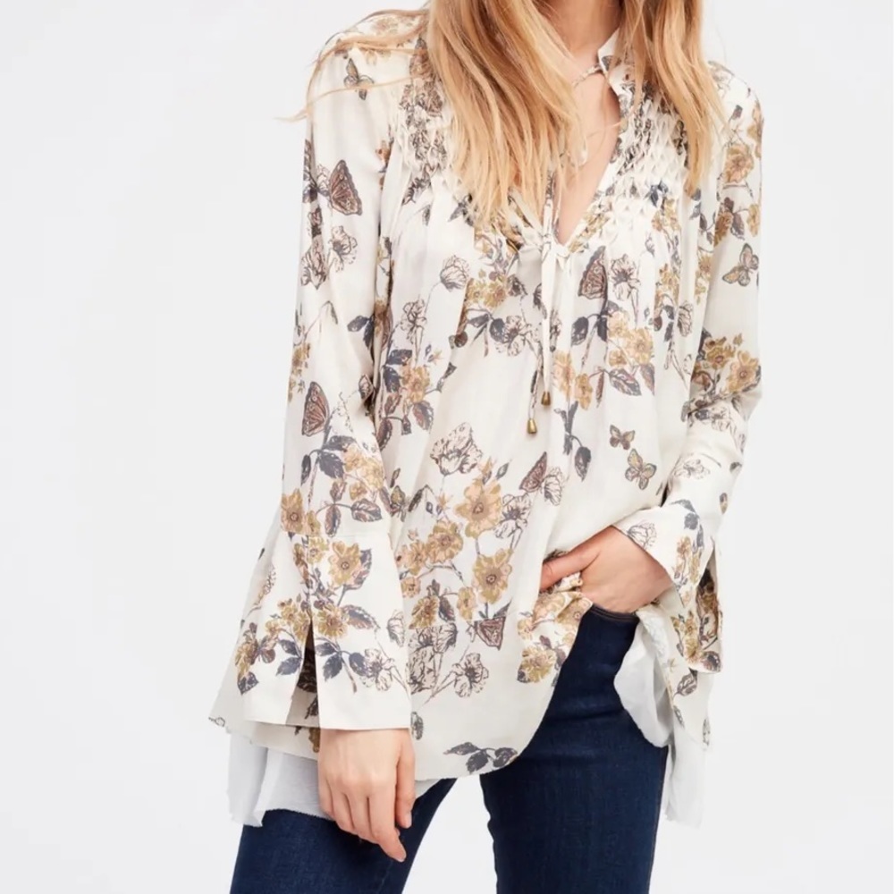 Free People Pebble Crepe So Fine Smocked Tunic Top in Ivory Combo - Size M